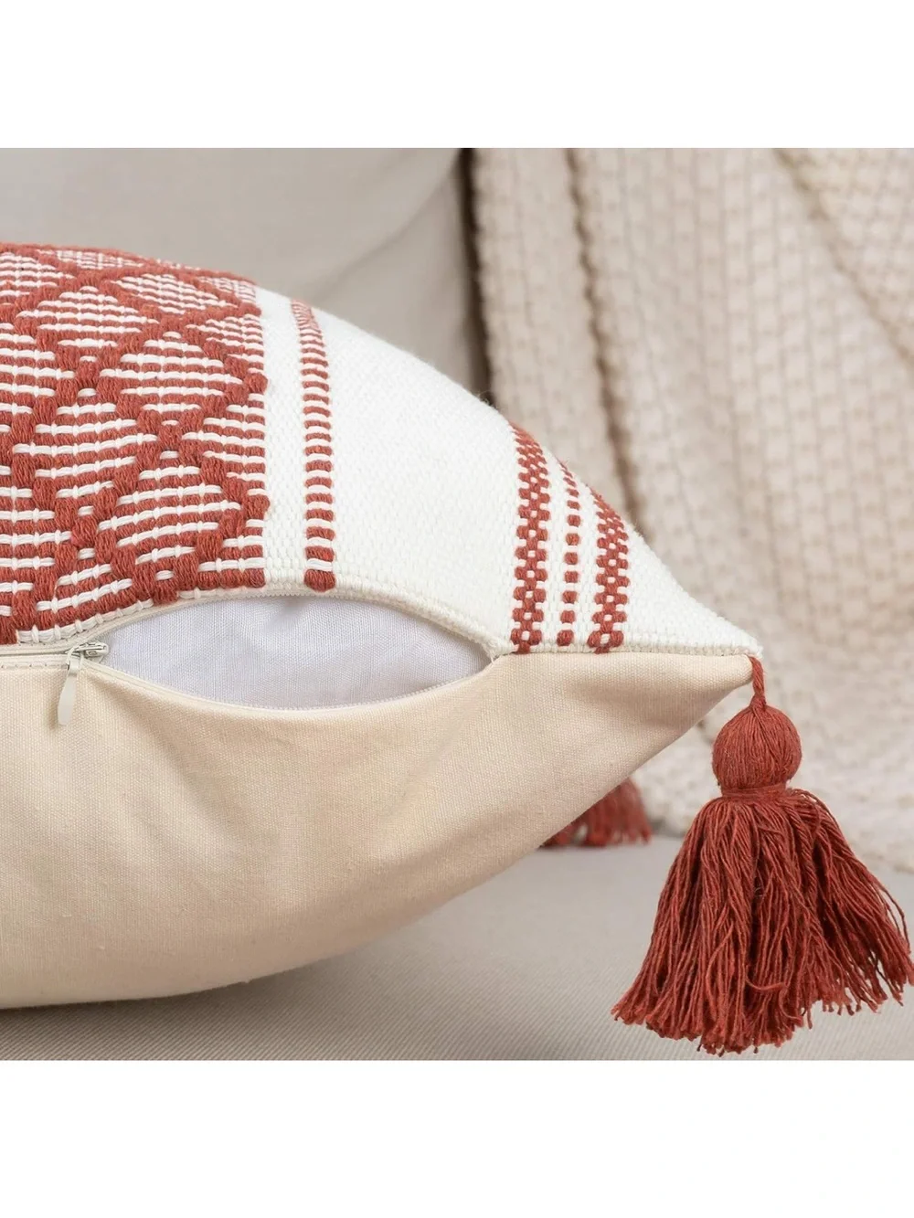Boho Diamond Jacquard Tassel Throw Pillow Covers - Rust Cream (Set of 2) C10